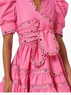 Celia B Women's sz large Short Pink Tiered Dress With Colorful Eyelets